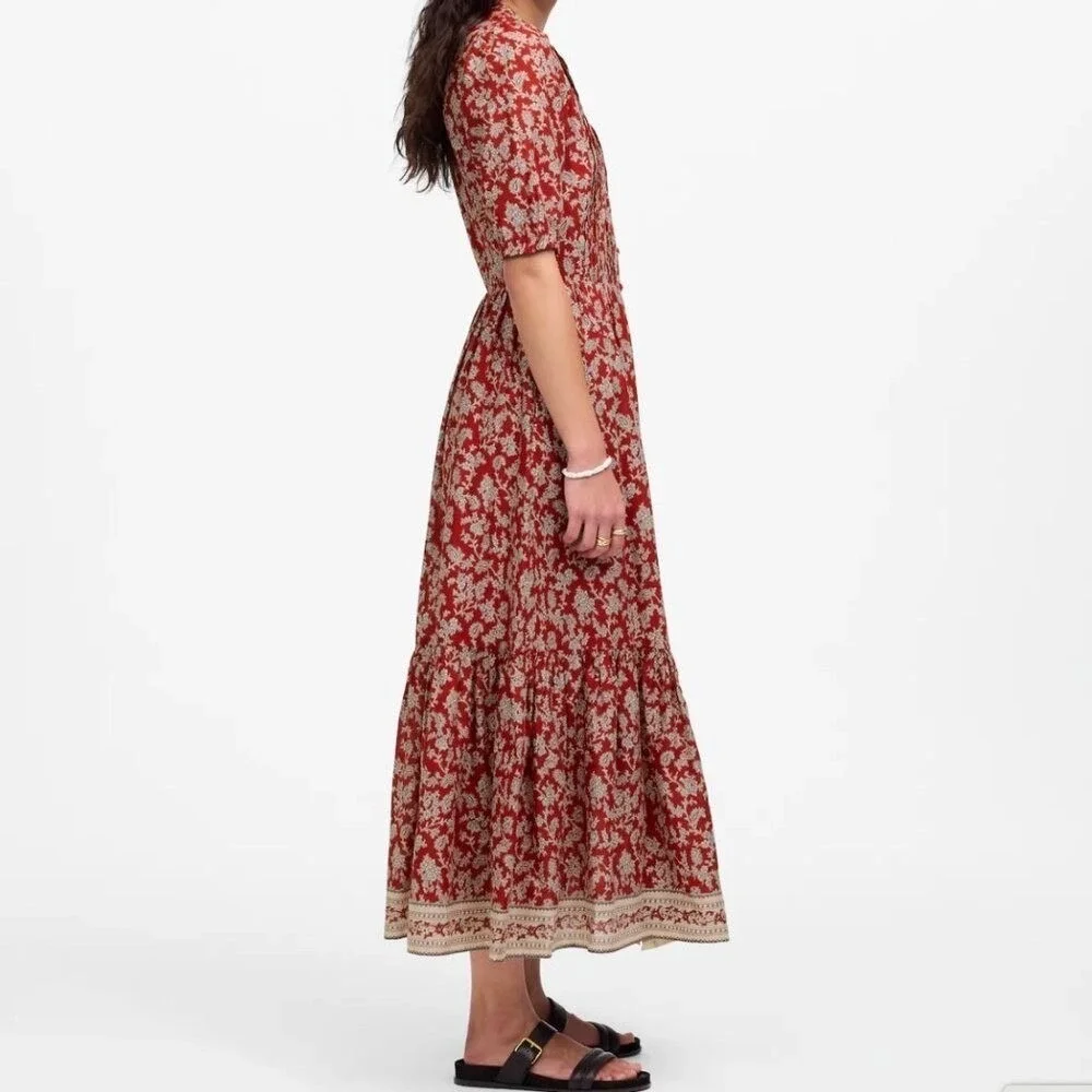 Madewell Red Paisley Floral Button Front Puff Sleeve Tiered Midi Dress 4 - Picture 3 of 11
